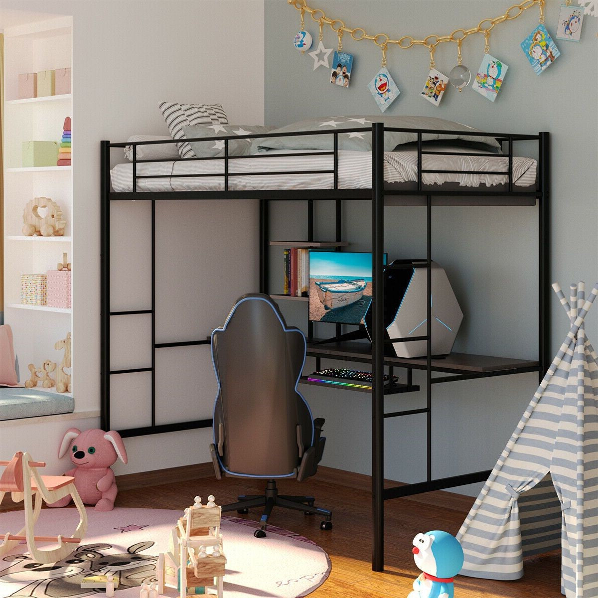 Large Twin Adult Metal Loft Bed Frame With Storage And Desk