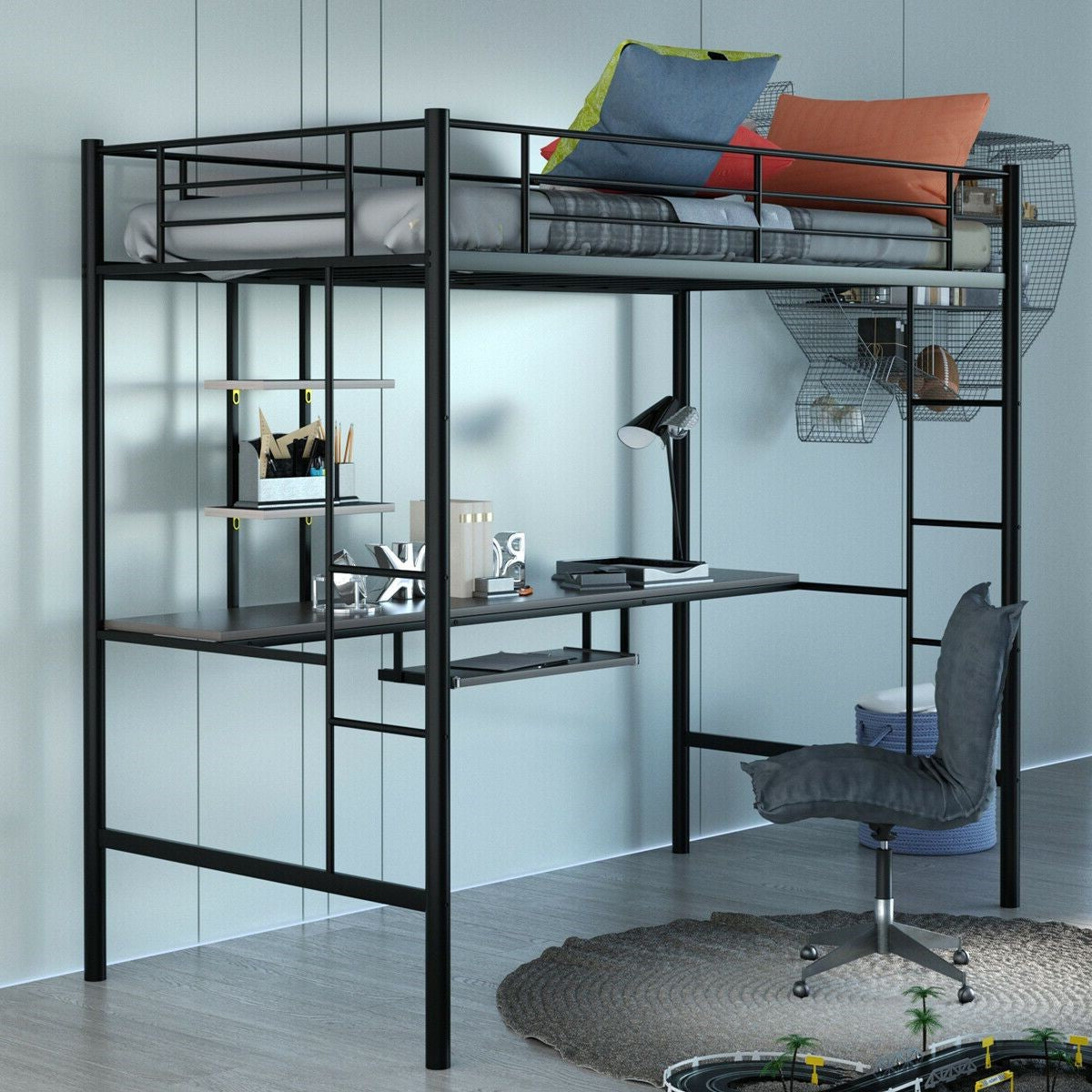 Large Twin Adult Metal Loft Bed Frame With Storage And Desk