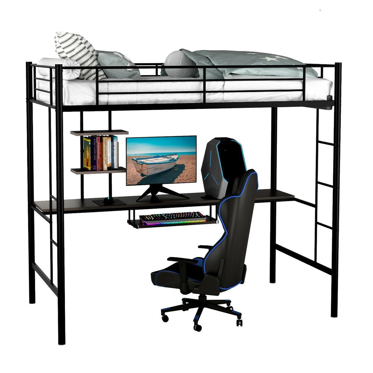 Large Twin Adult Metal Loft Bed Frame With Storage And Desk