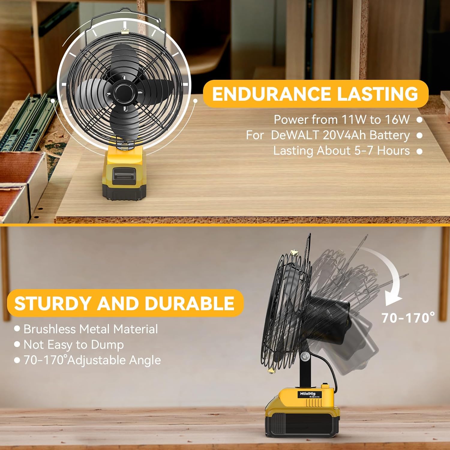 Portable Cordless Jobsite Fan for Dewalt 20V Li-ion Battery