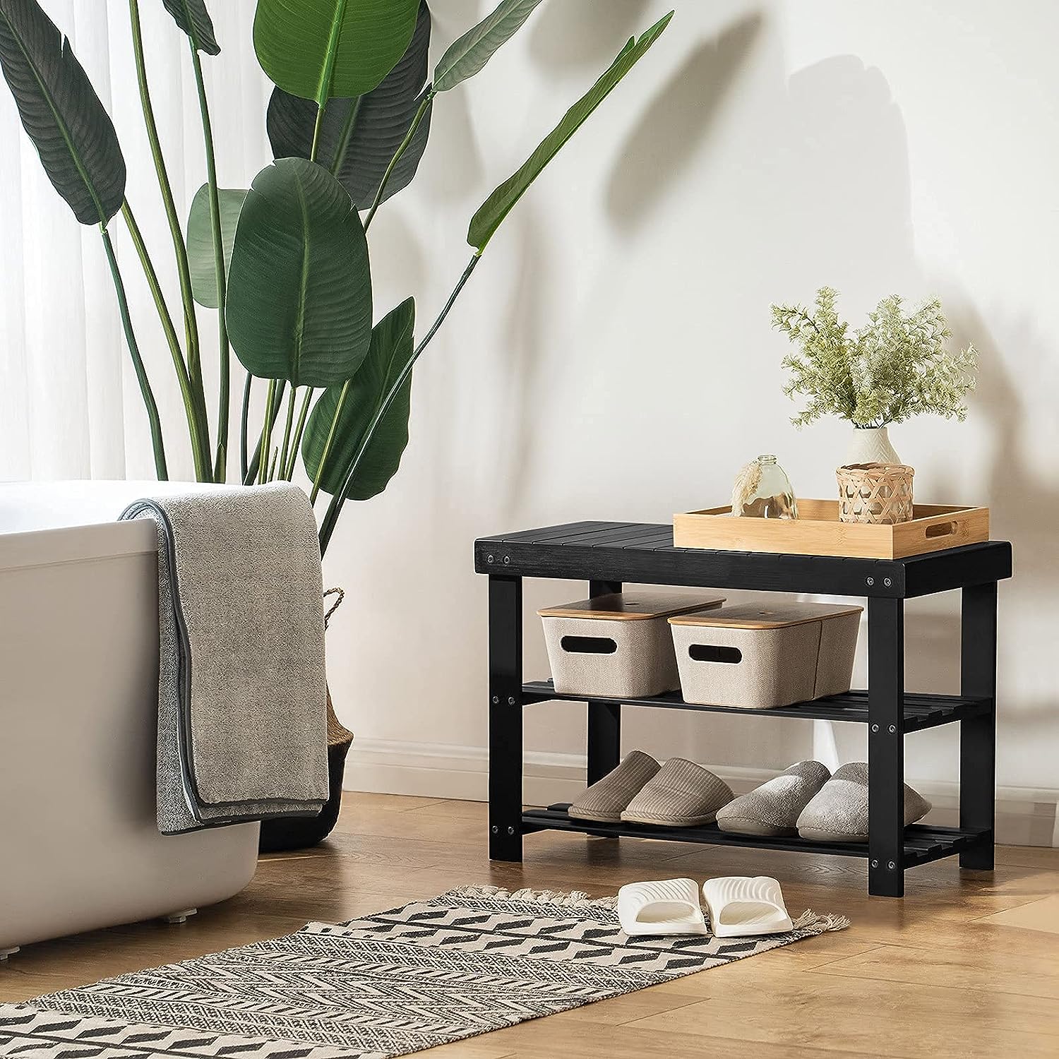 Modern 3-Tier Bamboo Shoe Bench Entryway