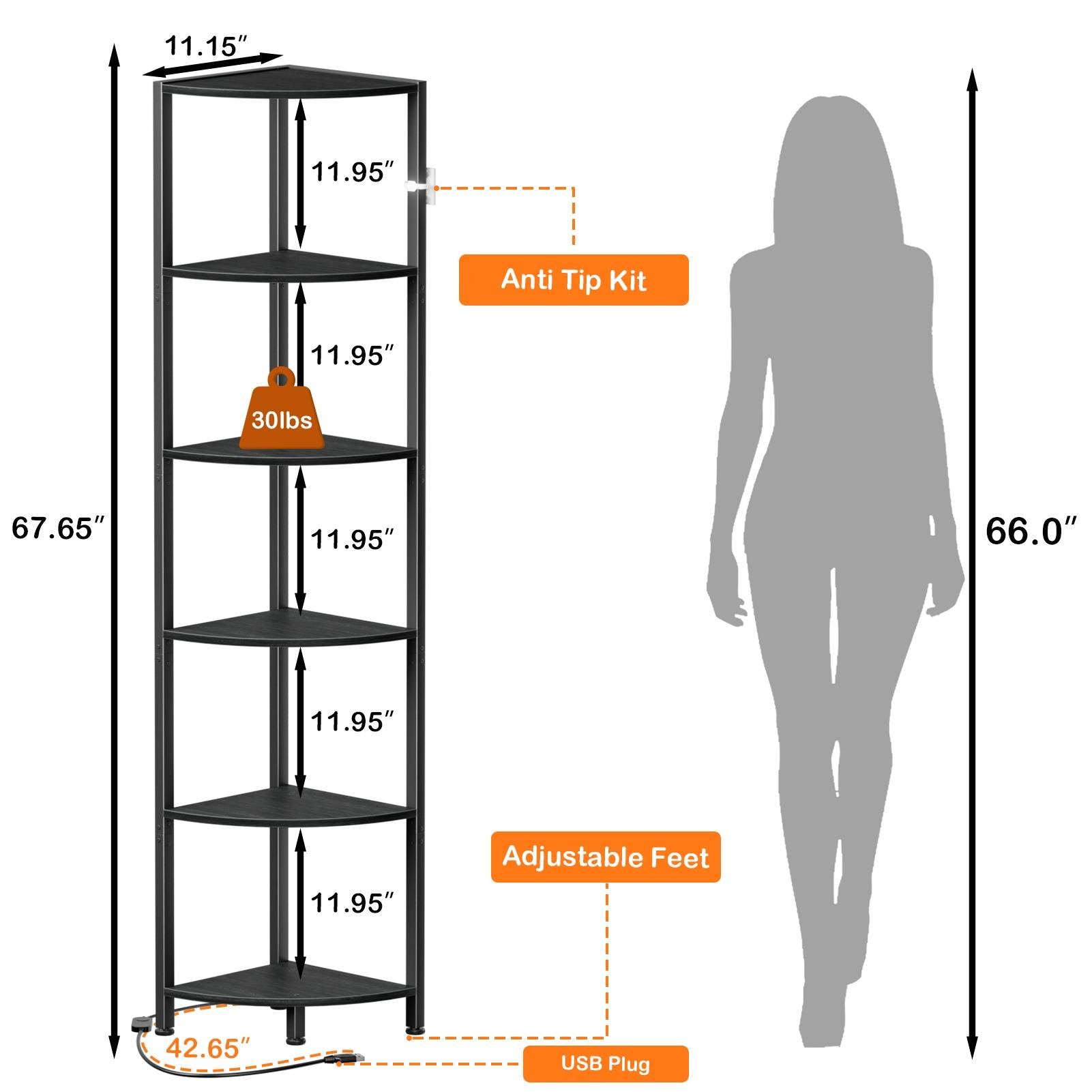 6-Tier Corner Bookshelf for Living Room, Bedroom, Kitchen, Bathroom