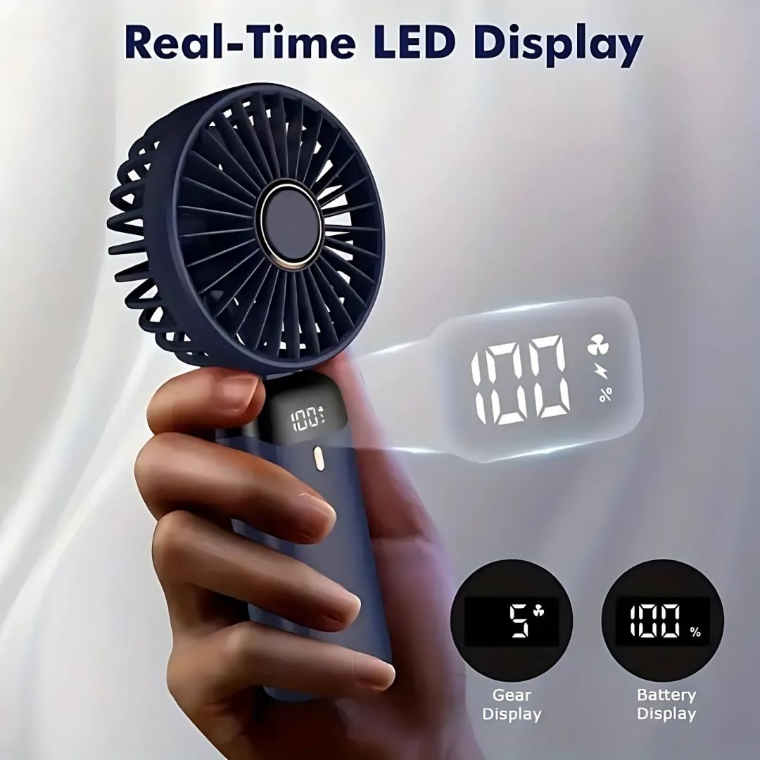 Rechargeable Handheld Mini Fan | 5-Speed, 90-Degree Adjustable & Quiet for Office, Home & Outdoor Use