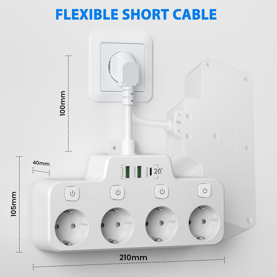 Wall-mounted Power Strip With Independent Switch - 2 USB A And 1 USB C