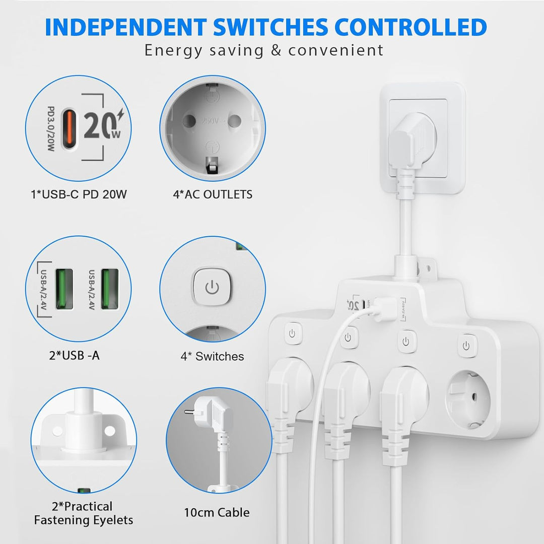 Wall-mounted Power Strip With Independent Switch - 2 USB A And 1 USB C