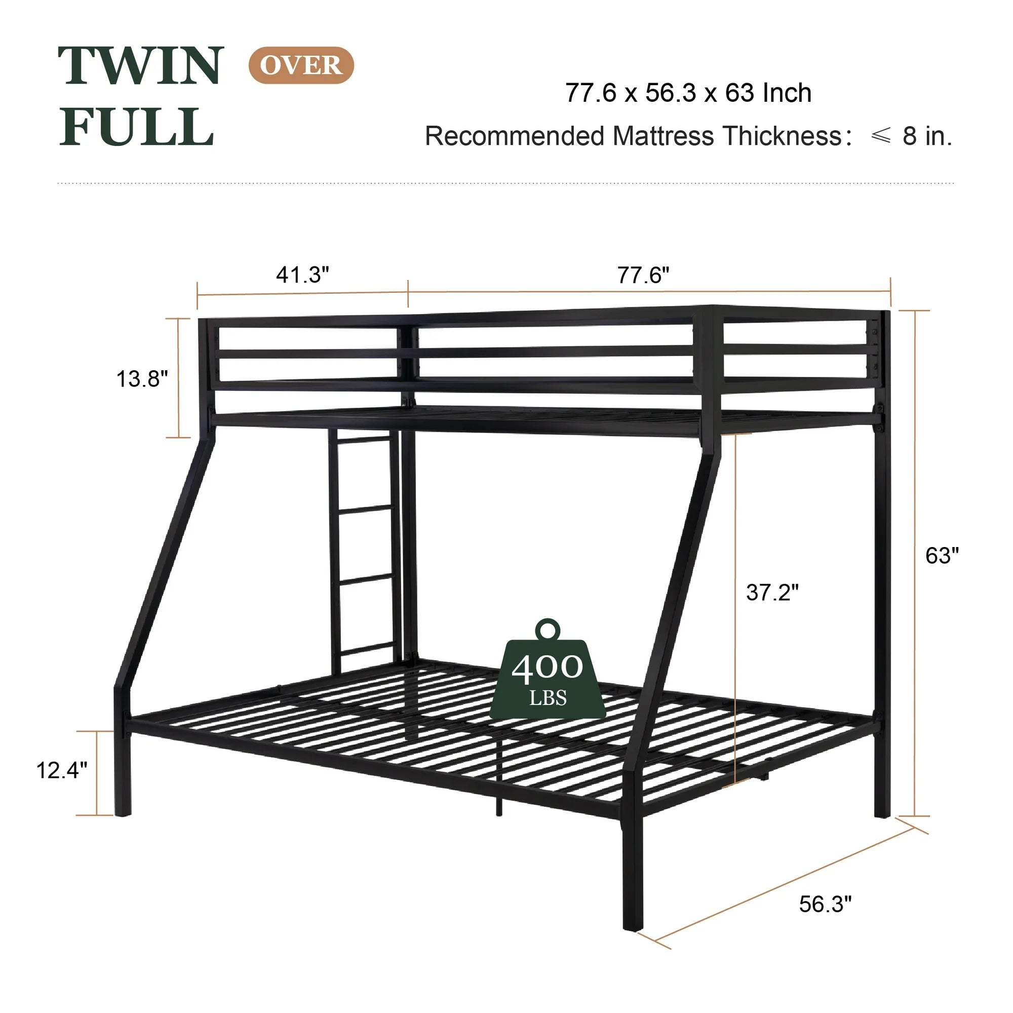 Twin Over Full Metal Bunk Bed With Removable Ladder