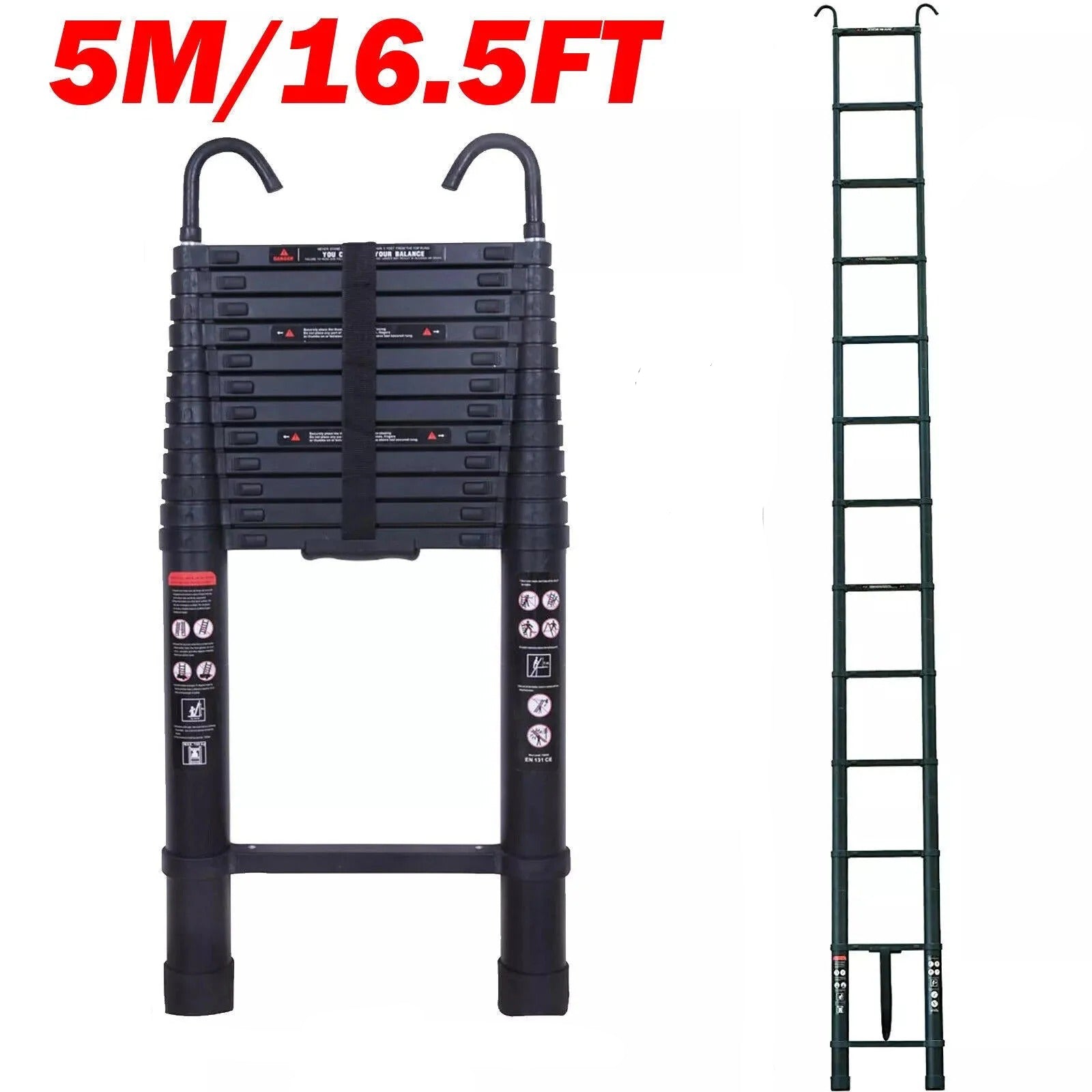 Telescoping Ladder Compact Extension Aluminum with 2 Detachable Roof Hooks