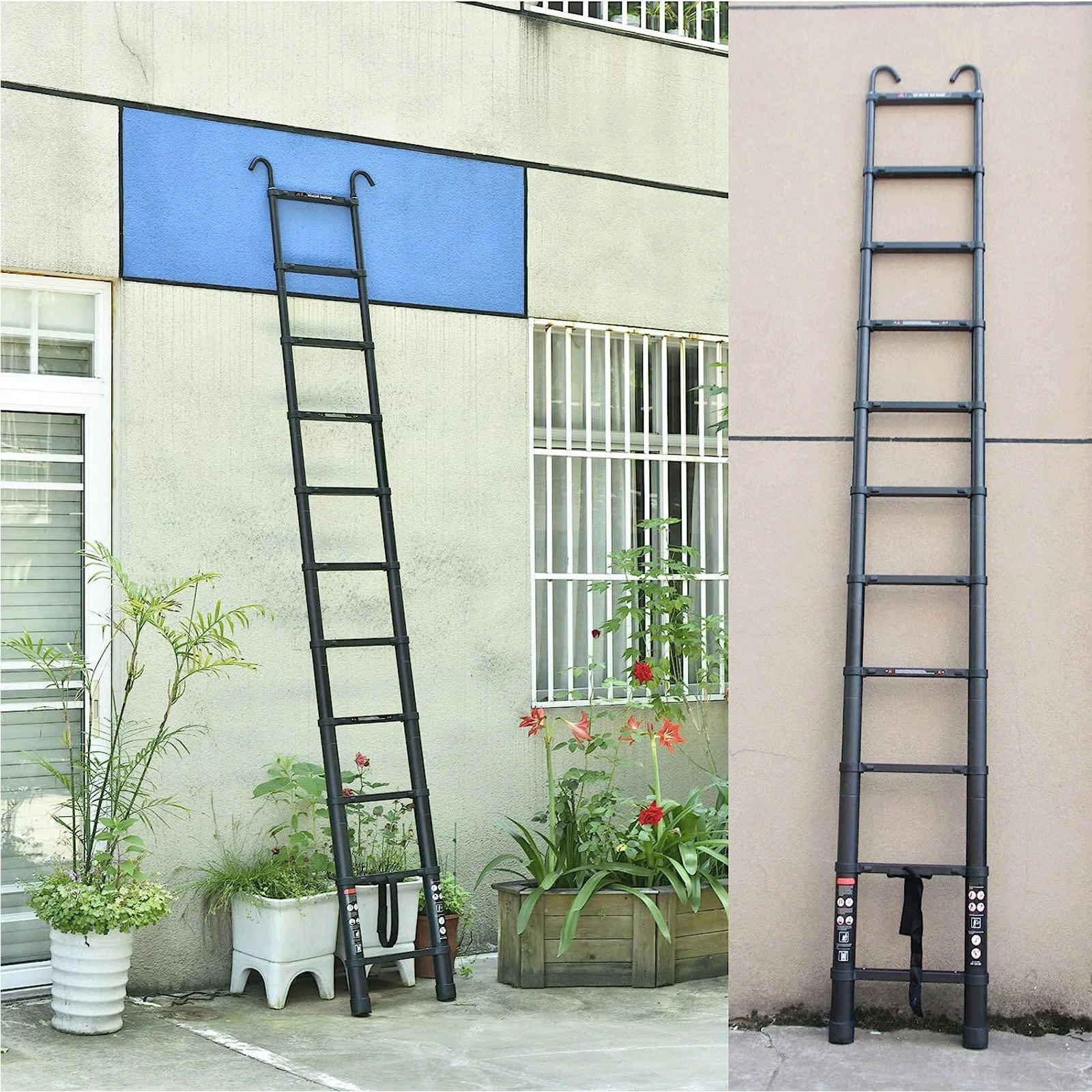 Telescoping Ladder Compact Extension Aluminum with 2 Detachable Roof Hooks