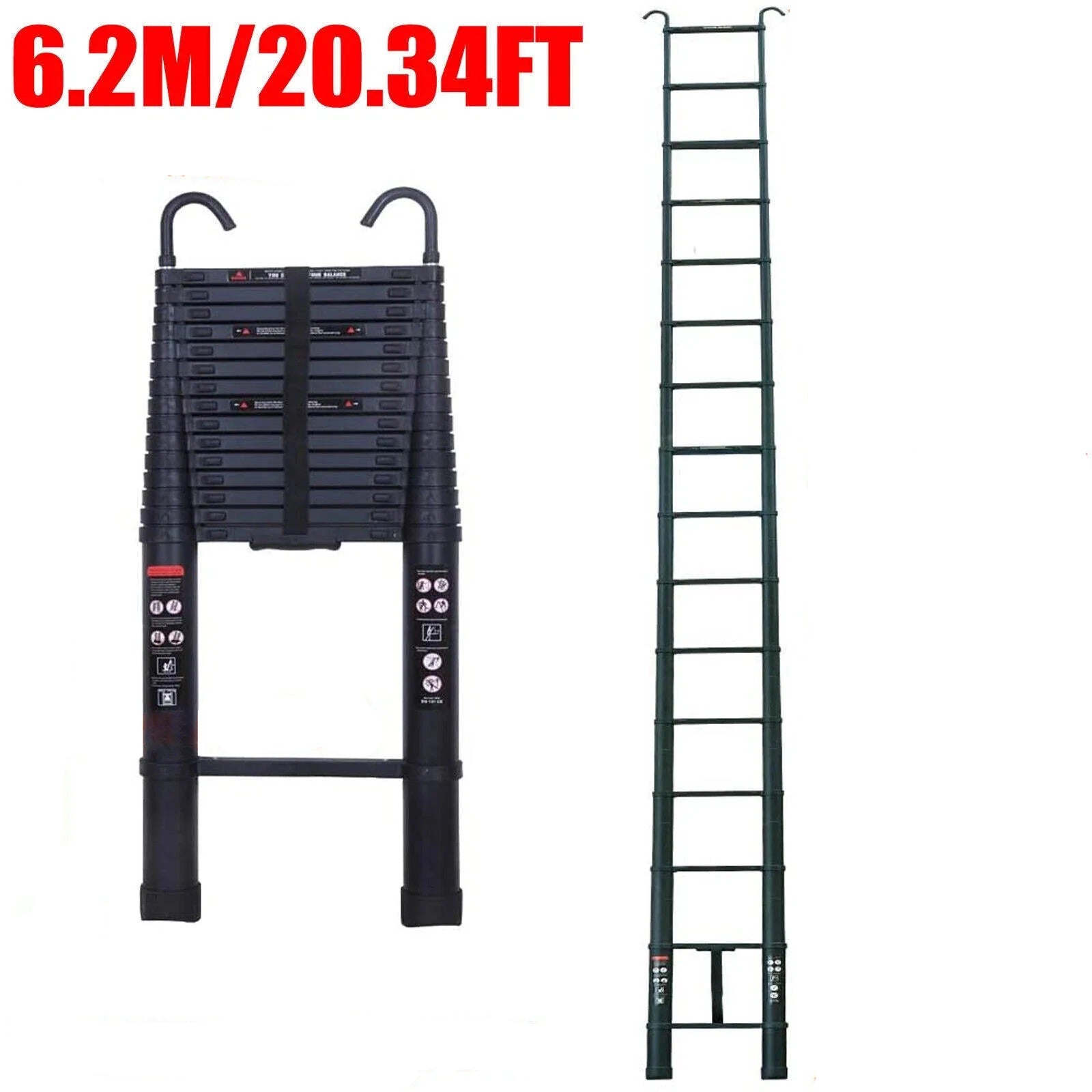 Telescoping Ladder Compact Extension Aluminum with 2 Detachable Roof Hooks