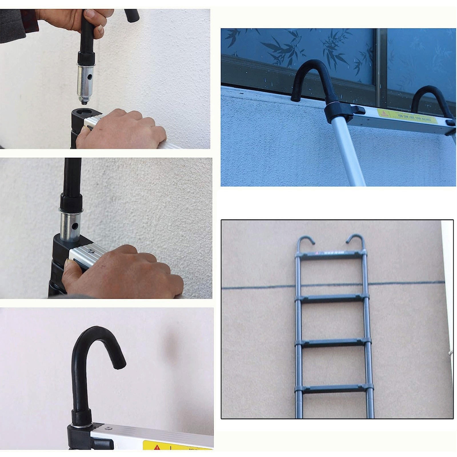 Telescoping Ladder Compact Extension Aluminum with 2 Detachable Roof Hooks