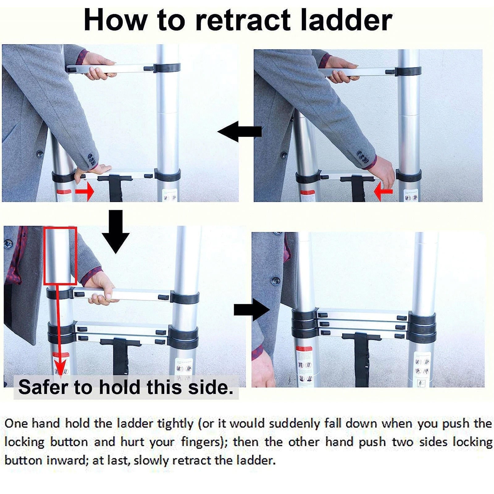 Telescoping Ladder Compact Extension Aluminum with 2 Detachable Roof Hooks
