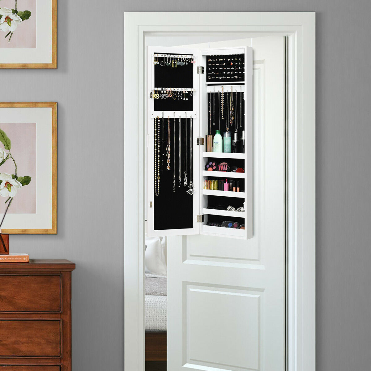 Modern Over The Door Light Up Jewelry Storage Mirror Armoire