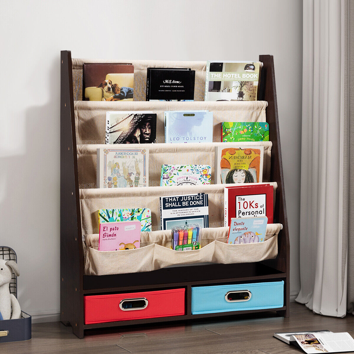 Kids Wooden Multi Tier Playroom Bookshelf Toy Organizer Rack
