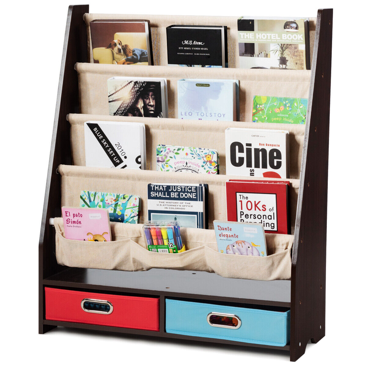 Kids Wooden Multi Tier Playroom Bookshelf Toy Organizer Rack