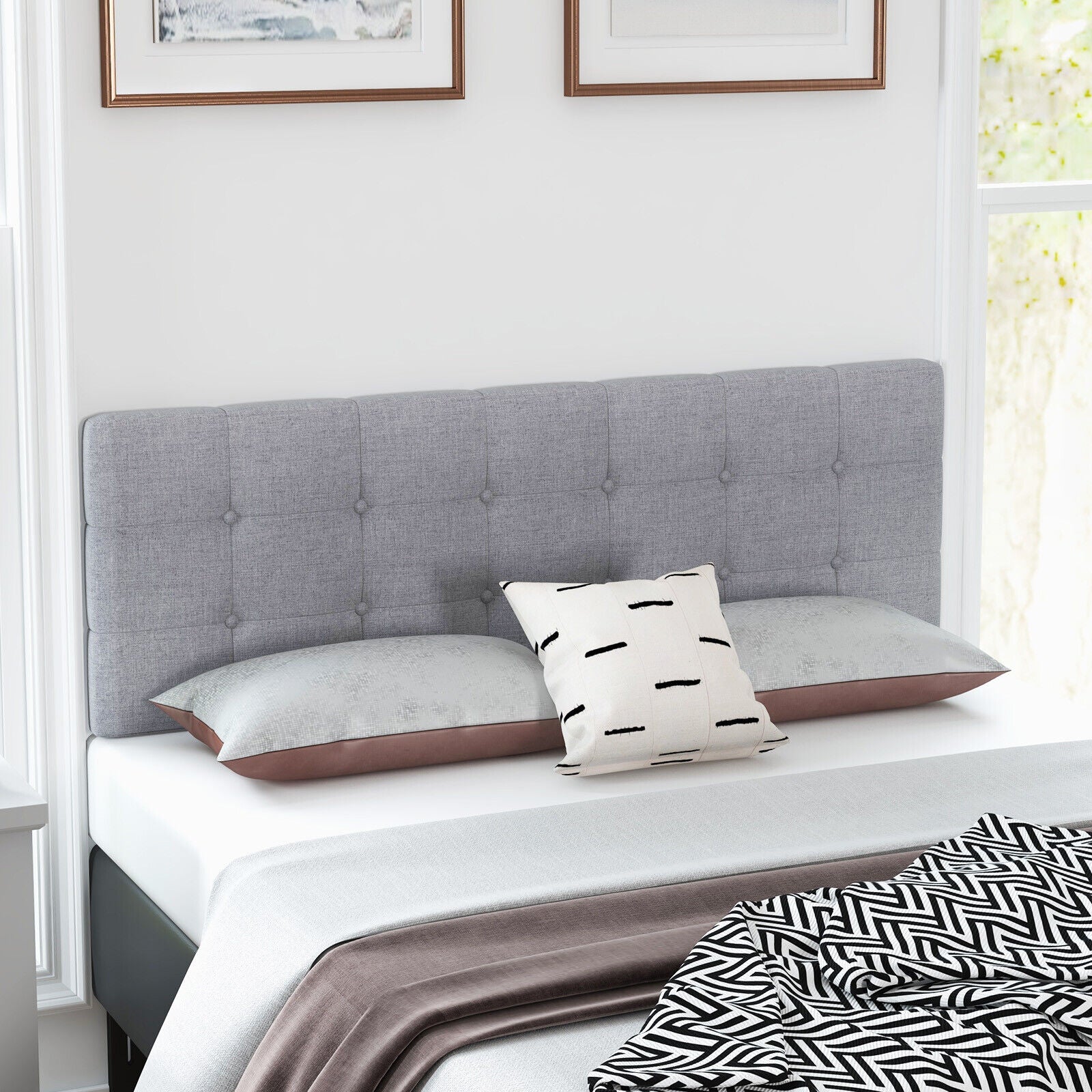 Full Queen Sized Modern Tufted Fabric Covered Head Board