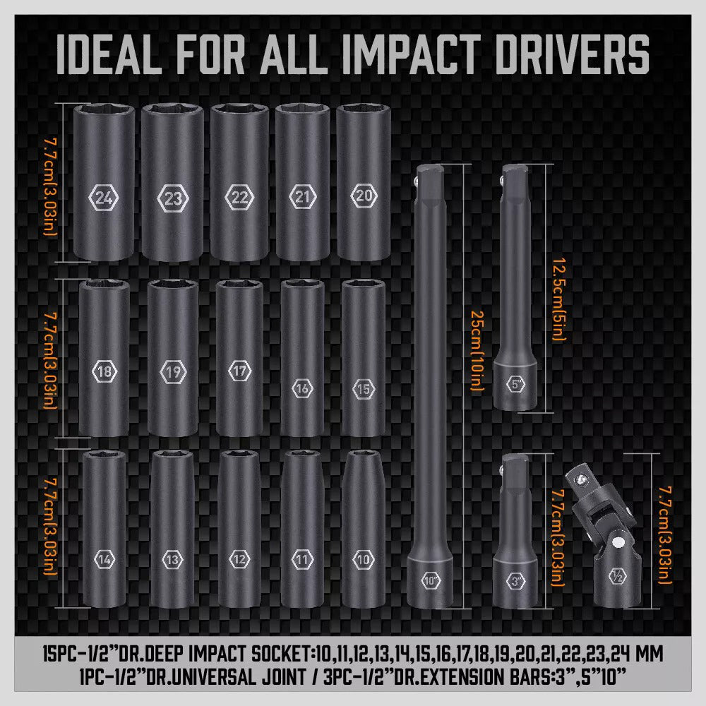 19 Pcs 12 Drive Impact Socket Set