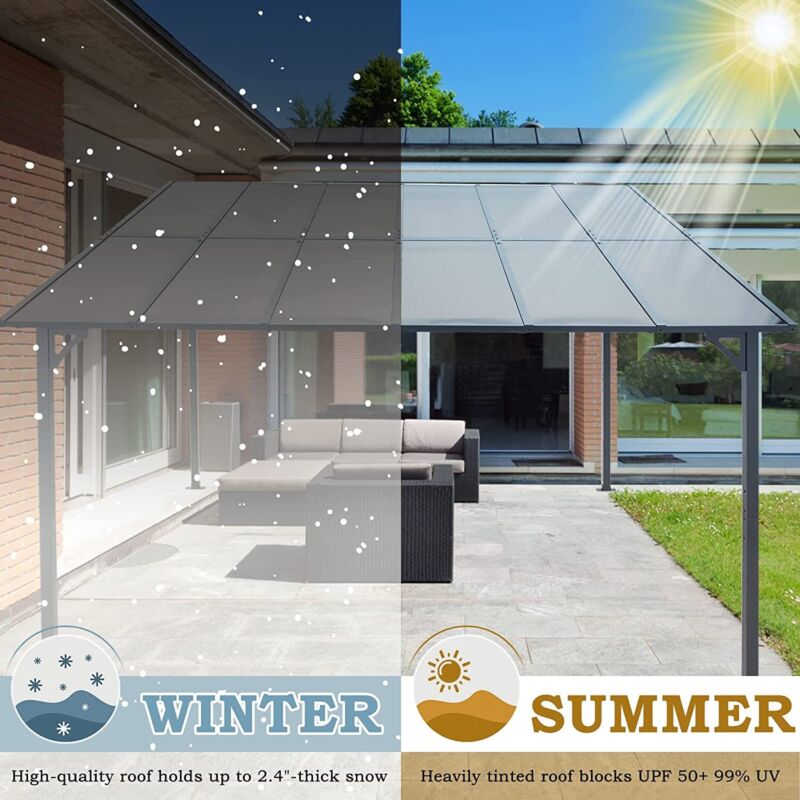 Patio Metal Pergola Gazebo Wall-Mounted Shelter Rectangle W/ Hard Top