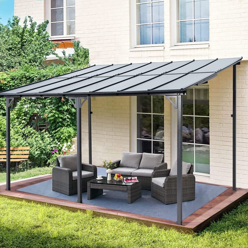 Patio Metal Pergola Gazebo Wall-Mounted Shelter Rectangle W/ Hard Top