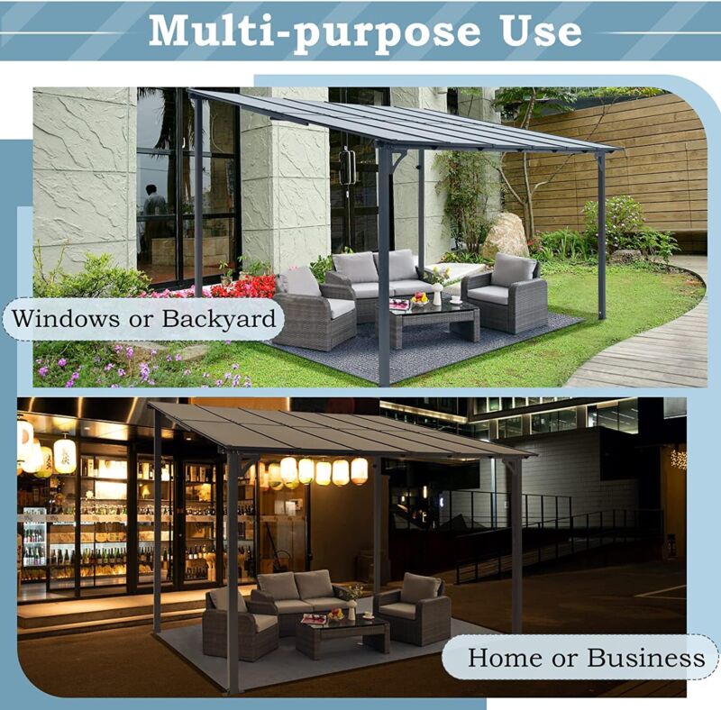 Patio Metal Pergola Gazebo Wall-Mounted Shelter Rectangle W/ Hard Top
