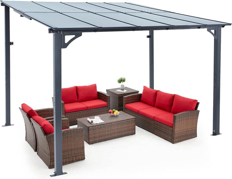 Patio Metal Pergola Gazebo Wall-Mounted Shelter Rectangle W/ Hard Top