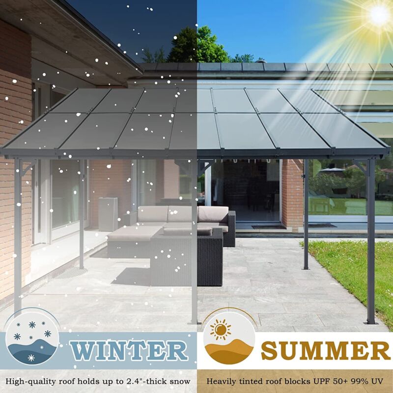 Patio Metal Pergola Gazebo Wall-Mounted Shelter Rectangle W/ Hard Top