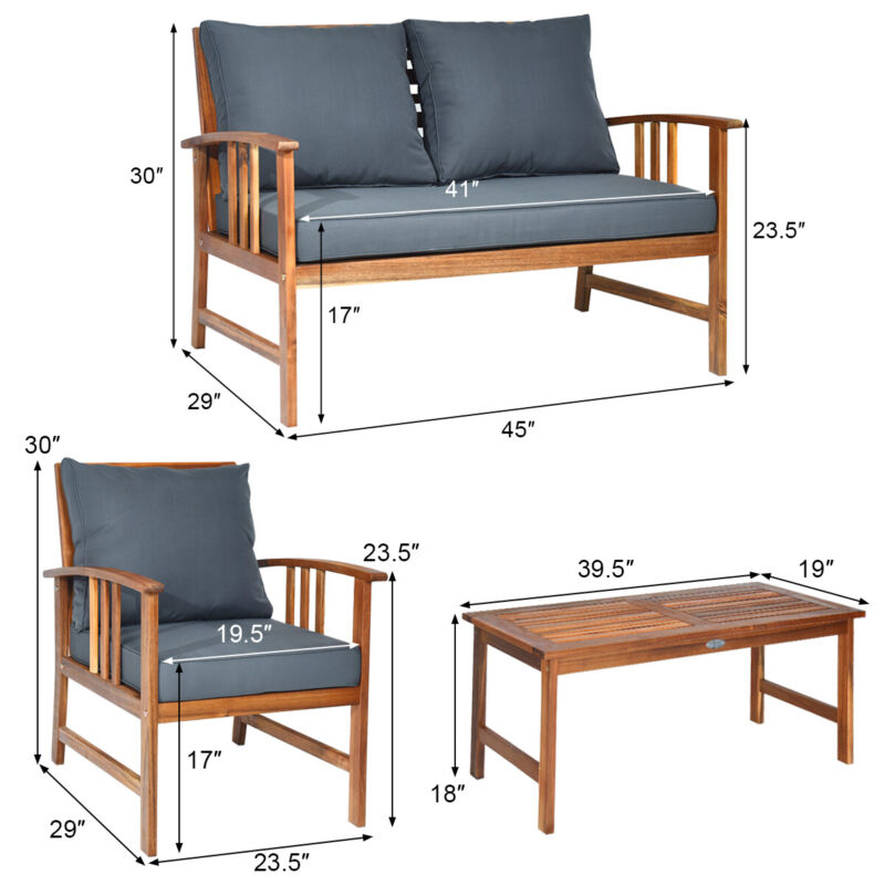 4 Pieces Wooden Patio Furniture Set Table Sofa Chair Cushioned Garden Outdoor