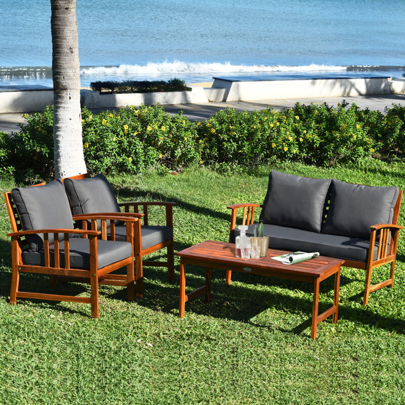 4 Pieces Wooden Patio Furniture Set Table Sofa Chair Cushioned Garden Outdoor