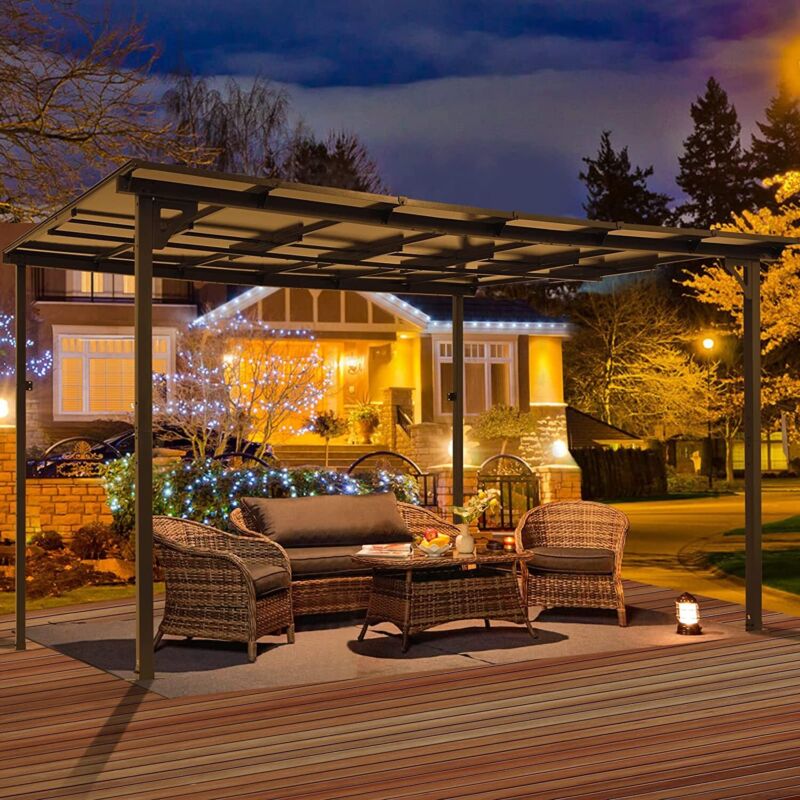 Patio Metal Pergola Gazebo Wall-Mounted Shelter Rectangle W/ Hard Top