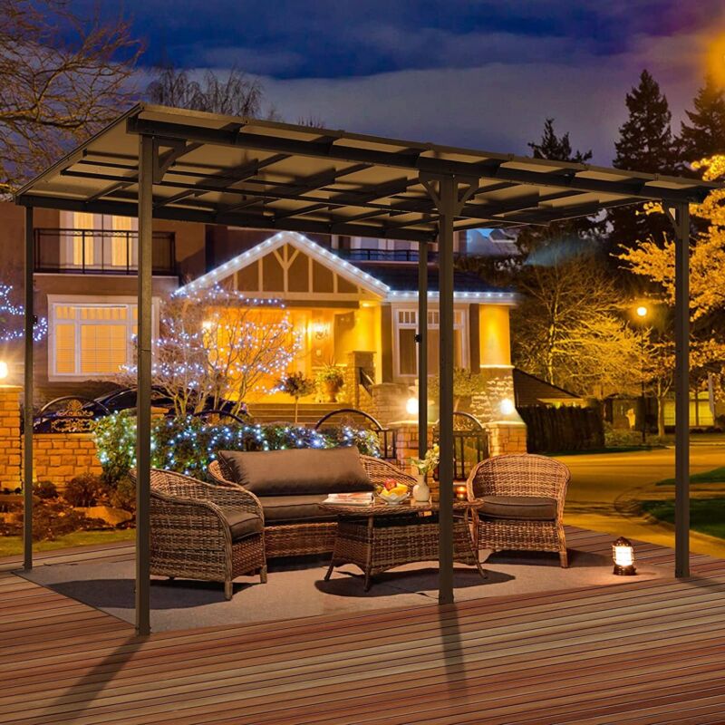 Patio Metal Pergola Gazebo Wall-Mounted Shelter Rectangle W/ Hard Top