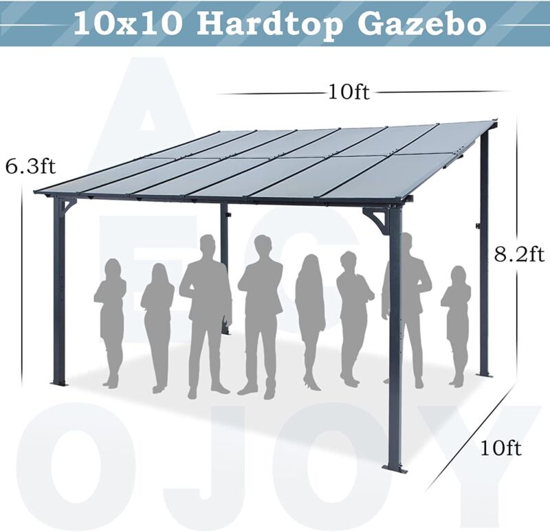 Patio Metal Pergola Gazebo Wall-Mounted Shelter Rectangle W/ Hard Top