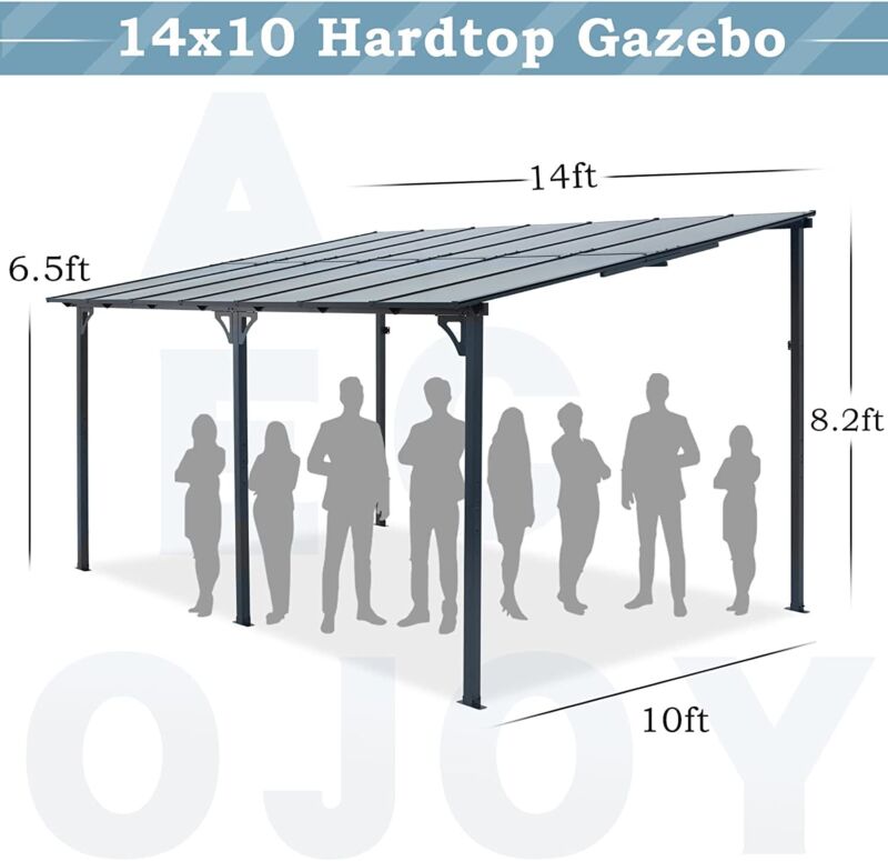 Patio Metal Pergola Gazebo Wall-Mounted Shelter Rectangle W/ Hard Top