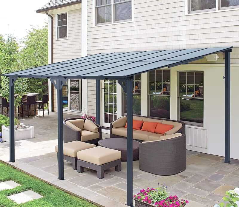 Patio Metal Pergola Gazebo Wall-Mounted Shelter Rectangle W/ Hard Top