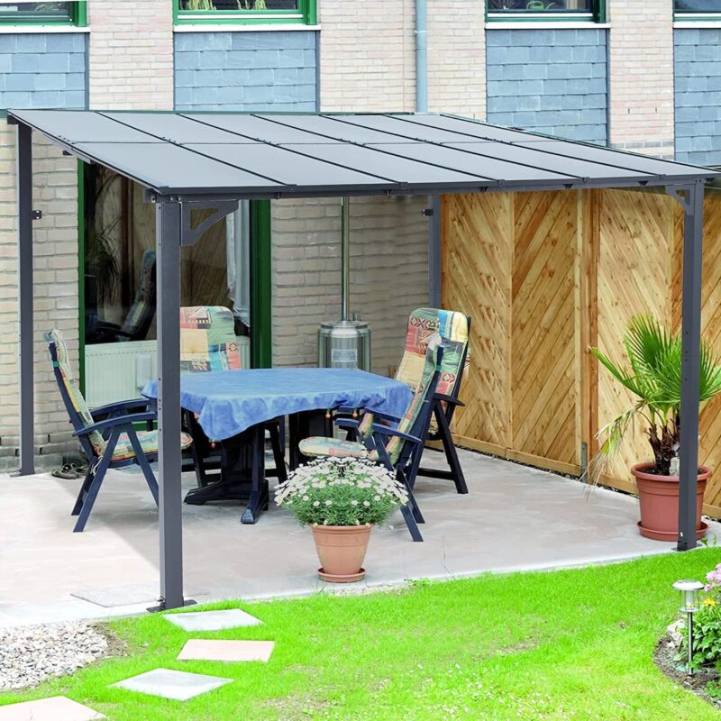Patio Metal Pergola Gazebo Wall-Mounted Shelter Rectangle W/ Hard Top