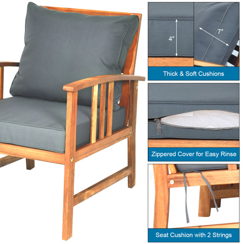 4 Pieces Wooden Patio Furniture Set Table Sofa Chair Cushioned Garden Outdoor