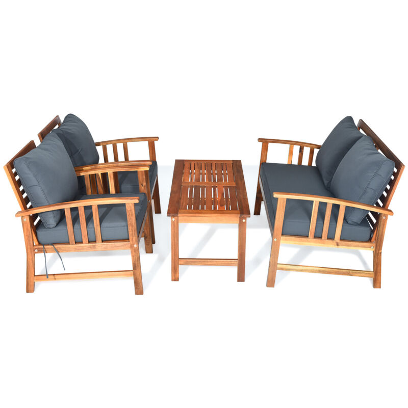 4 Pieces Wooden Patio Furniture Set Table Sofa Chair Cushioned Garden Outdoor