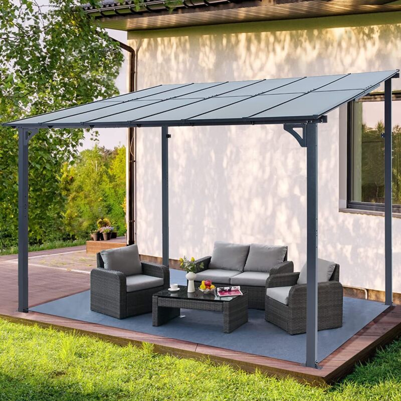 Patio Metal Pergola Gazebo Wall-Mounted Shelter Rectangle W/ Hard Top