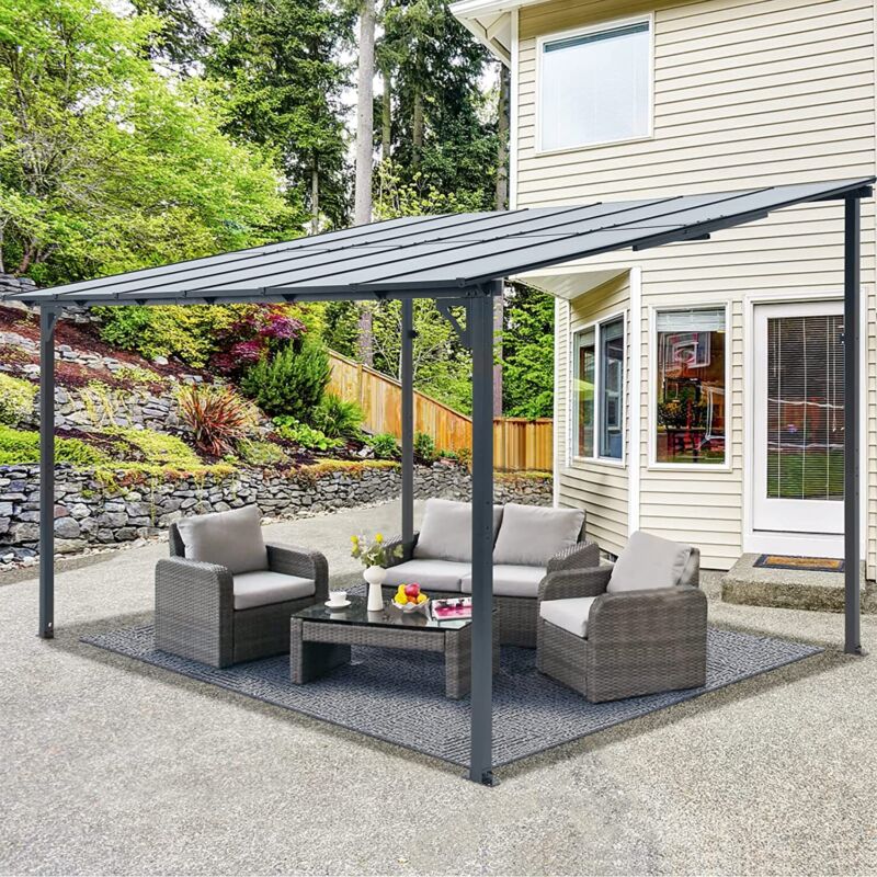 Patio Metal Pergola Gazebo Wall-Mounted Shelter Rectangle W/ Hard Top