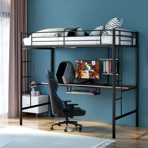 Large Twin Adult Metal Loft Bed Frame With Storage And Desk