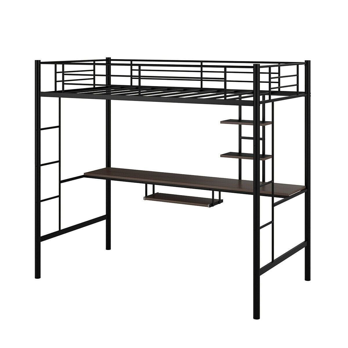 Large Twin Adult Metal Loft Bed Frame With Storage And Desk