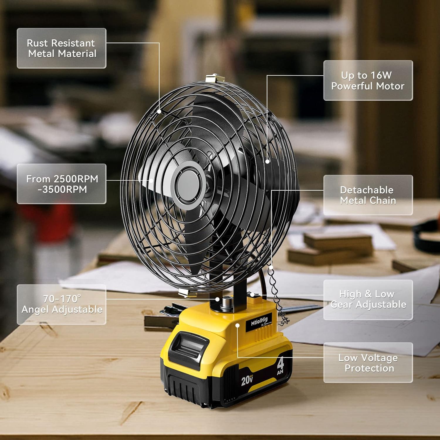 Portable Cordless Jobsite Fan for Dewalt 20V Li-ion Battery