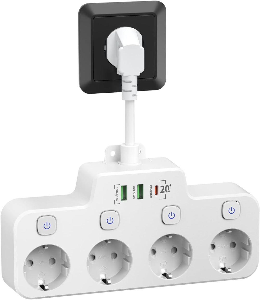 Wall-mounted Power Strip With Independent Switch - 2 USB A And 1 USB C