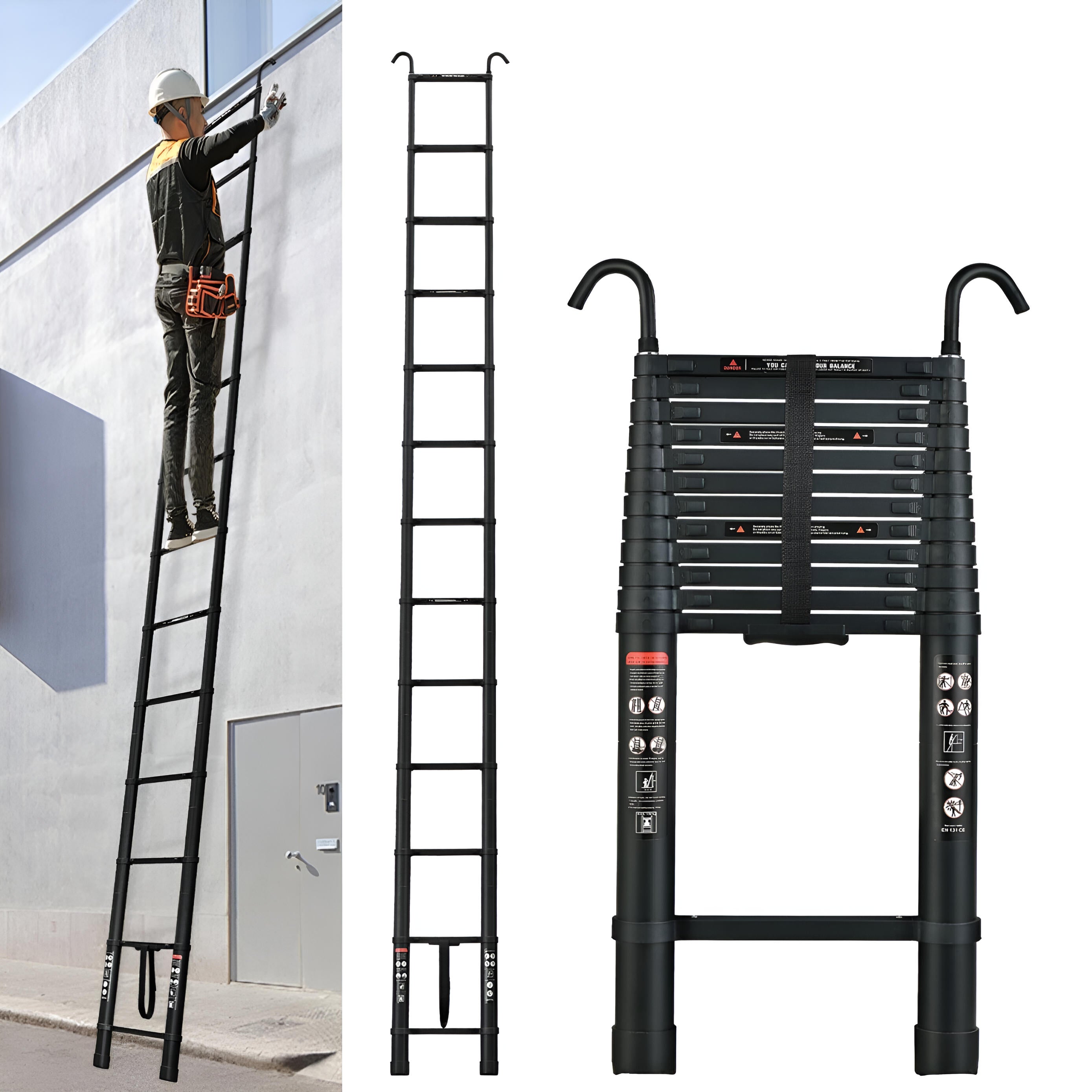 Telescoping Ladder Compact Extension Aluminum with 2 Detachable Roof Hooks
