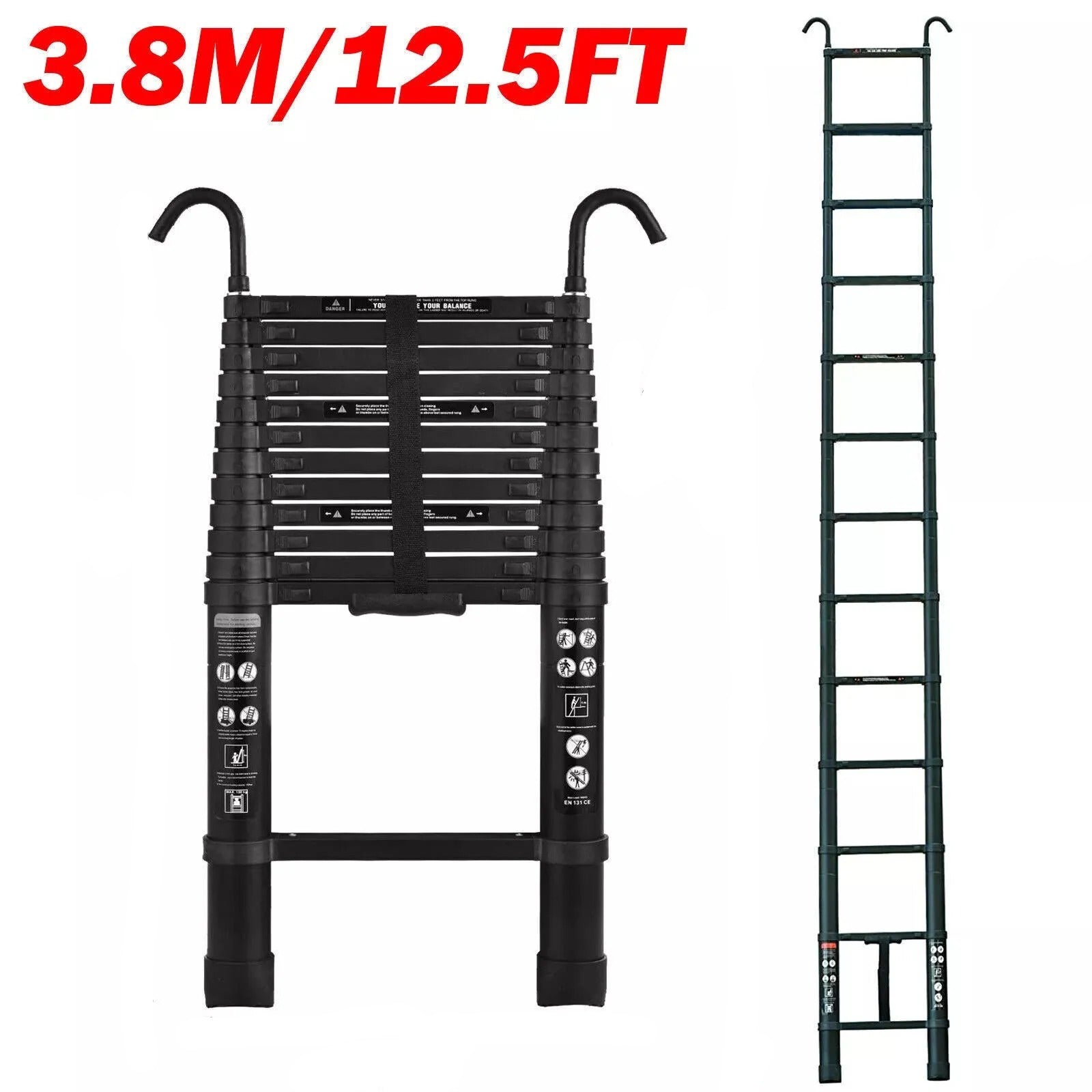 Telescoping Ladder Compact Extension Aluminum with 2 Detachable Roof Hooks