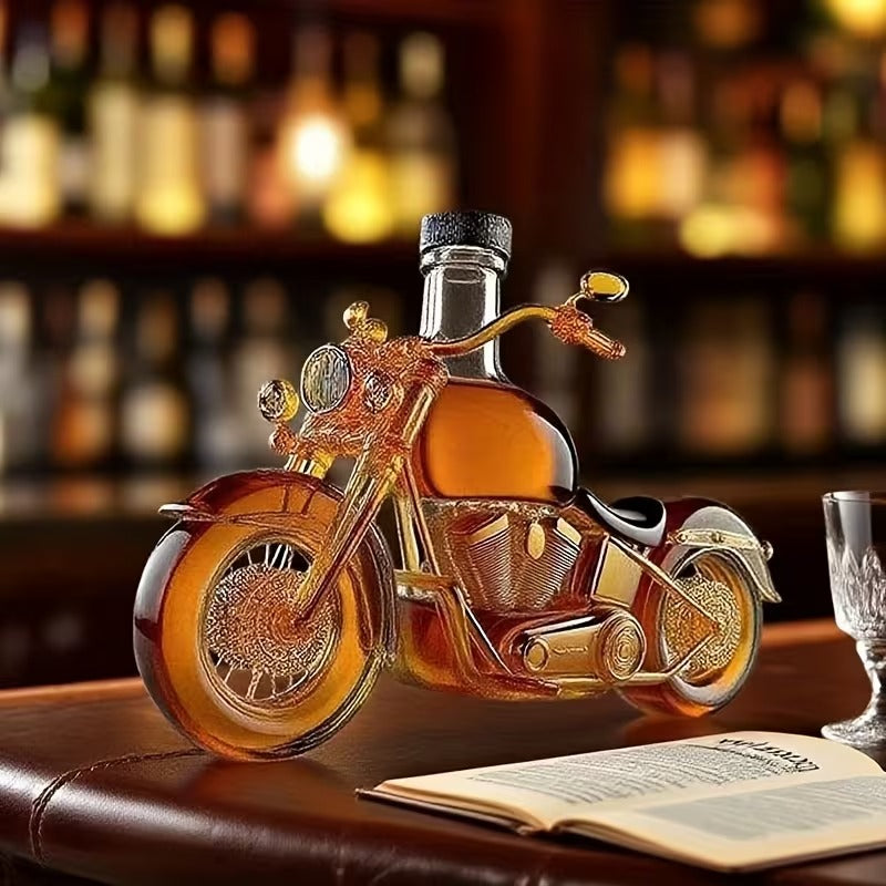 Motorcycle Shaped Glass Whiskey Bottle – Transparent Wine Decanter with Black Cork, Unique Home Bar & Motorcycle Decor Gift