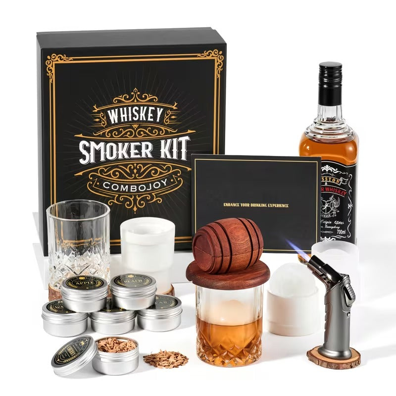 Whiskey Smoker Kit with Torch – 6 Wood Chips, 2 Glasses & Ice Ball Molds, Bourbon Smoker Gift Set