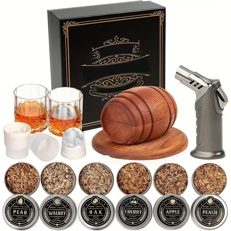 Whiskey Smoker Kit with Torch – 6 Wood Chips, 2 Glasses & Ice Ball Molds, Bourbon Smoker Gift Set