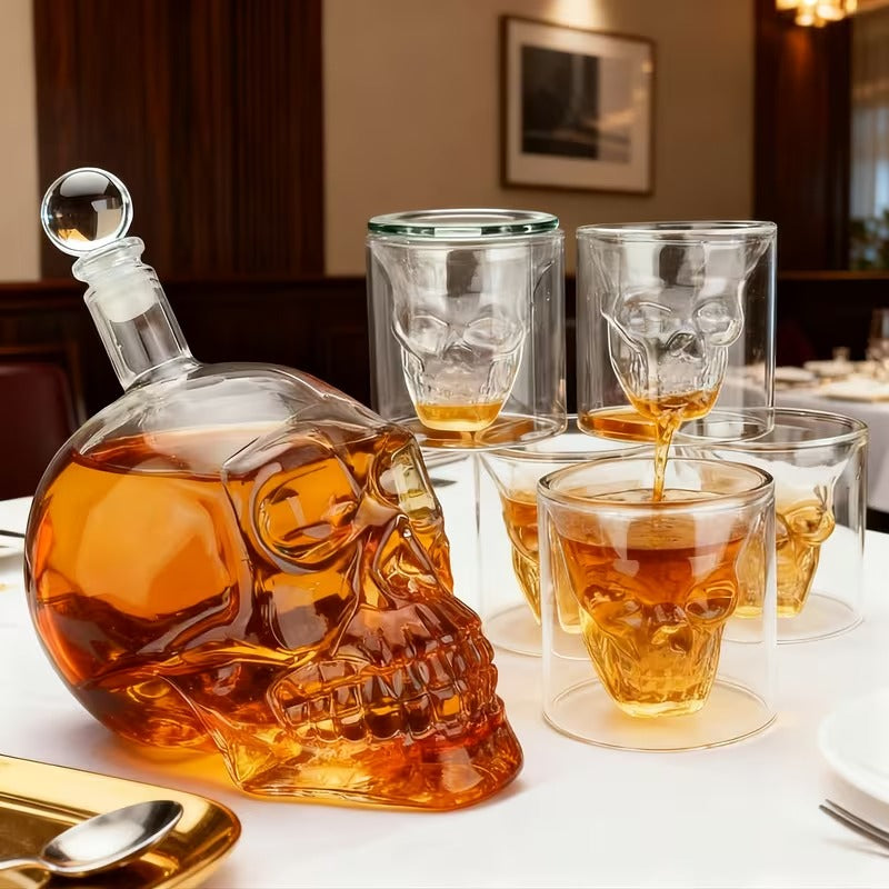 Skull Decanter Set with 6 Glasses – 7-Piece 23.67oz Glass Skull Whiskey Decanter for Wine, Liquor & Home Bar Gifts