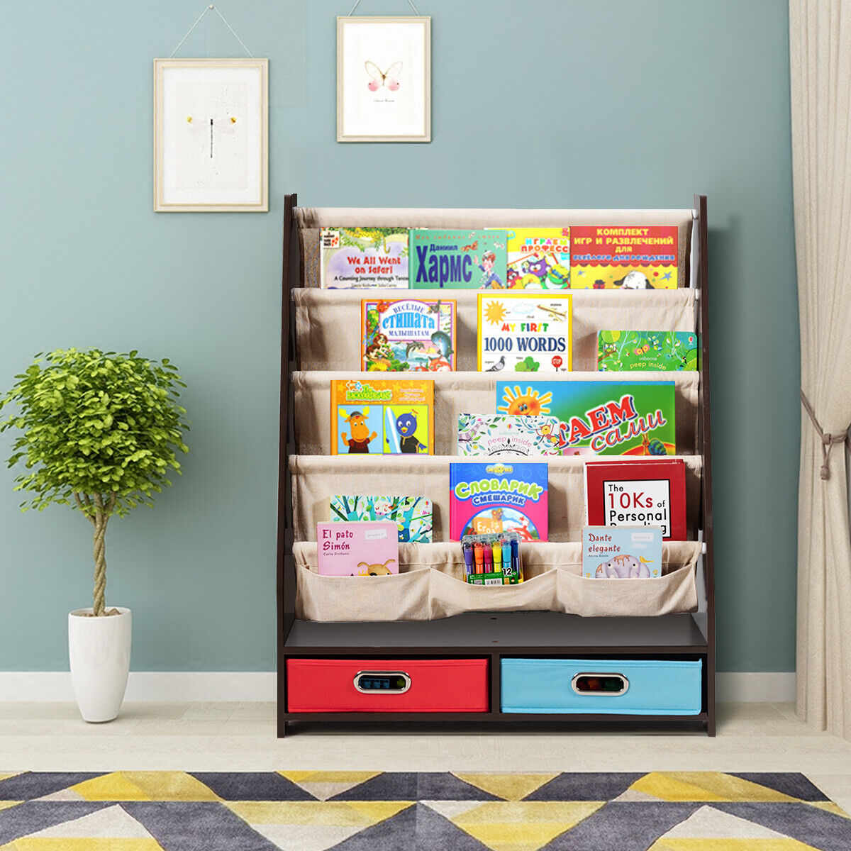 Kids Wooden Multi Tier Playroom Bookshelf Toy Organizer Rack