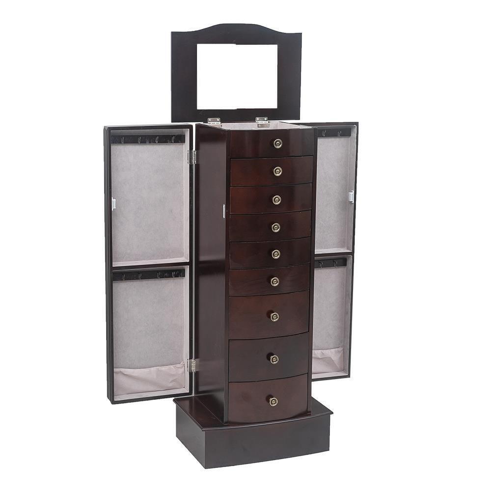 Large Mirrored Wooden Standing Jewelry Holder Armoire Organizer Cabinet