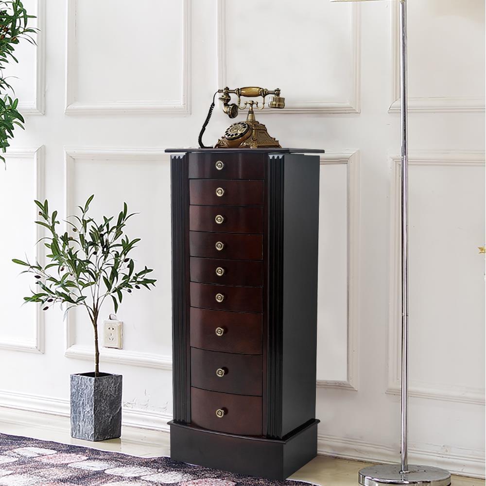 Large Mirrored Wooden Standing Jewelry Holder Armoire Organizer Cabinet